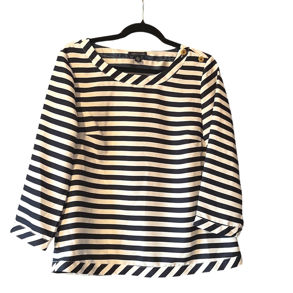 Tommy Hilfiger Women Striped Boat‎ Neck Sailor Top Gold Button Detail Size M EUC